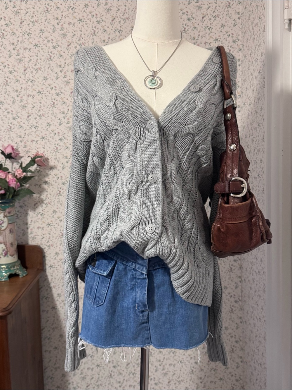 L.L. Bean Light Gray Cable-Knit Button-Front Cardigan